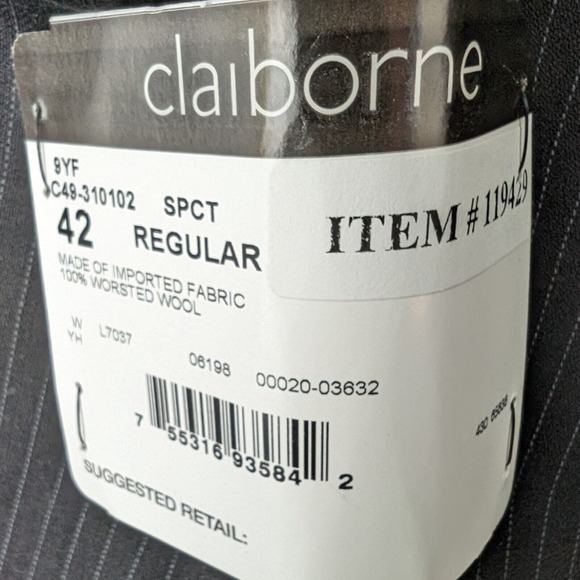 Claiborne 100% Wool Charcoal Pinstriped Suit Jacket Blazer 42 R New With Tags - Picture 4 of 13